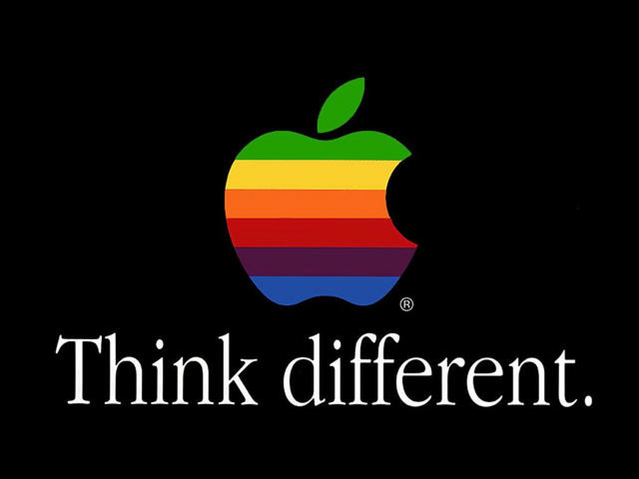 Rainbow coloured Apple logo and think different text underneath it.